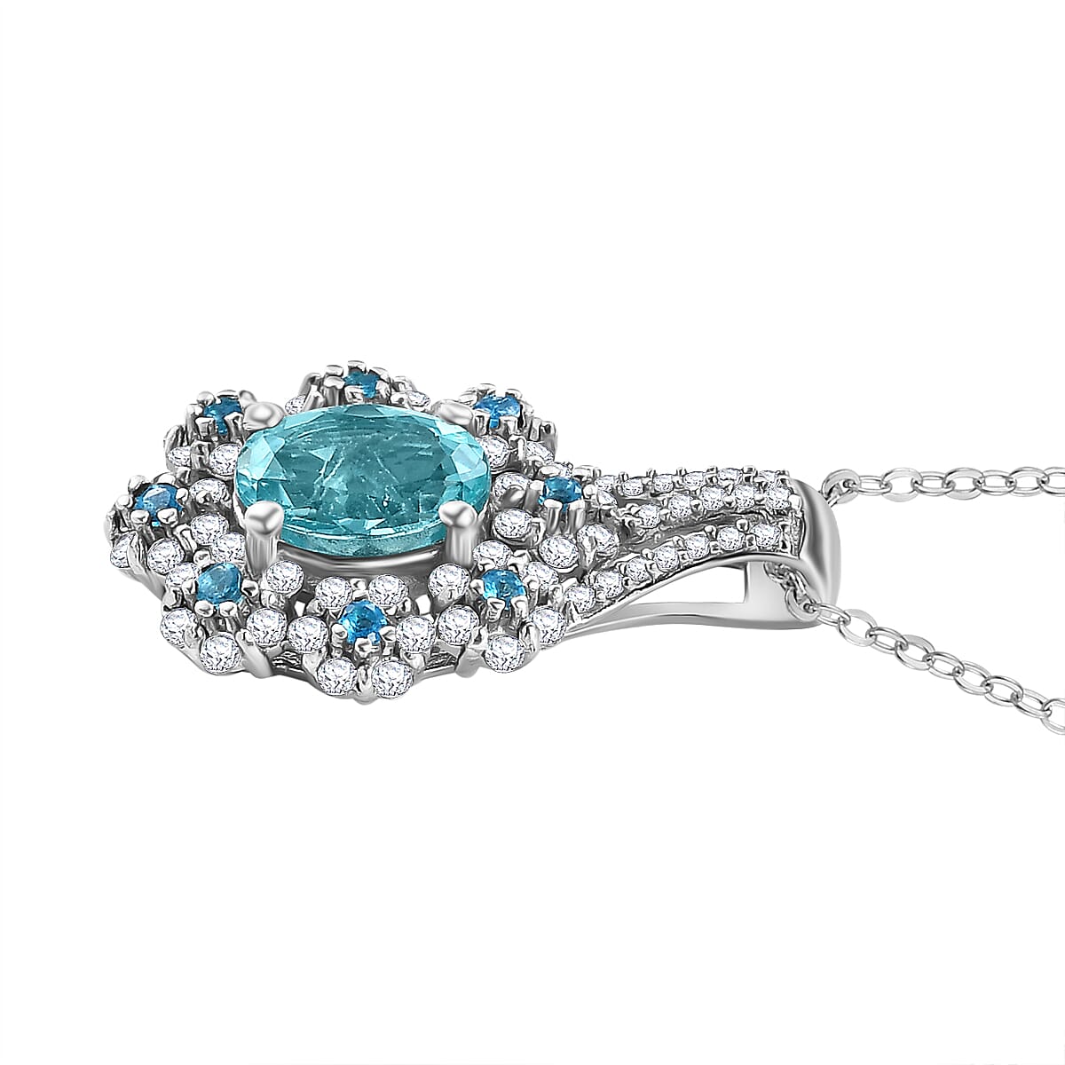 Lagoon Apatite, White Zircon & Neon Apatite Pendant with Chain (Size - 20) in Rhodium Overlay Sterling Silver 2.04 Ct.
