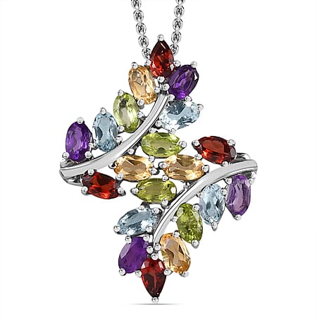 Red Garnet, Citrine, Peridot, SkyblueTopaz, African Amethyst Pendant with Chain (Size 20) in Silver Tone 4.78 Ct.