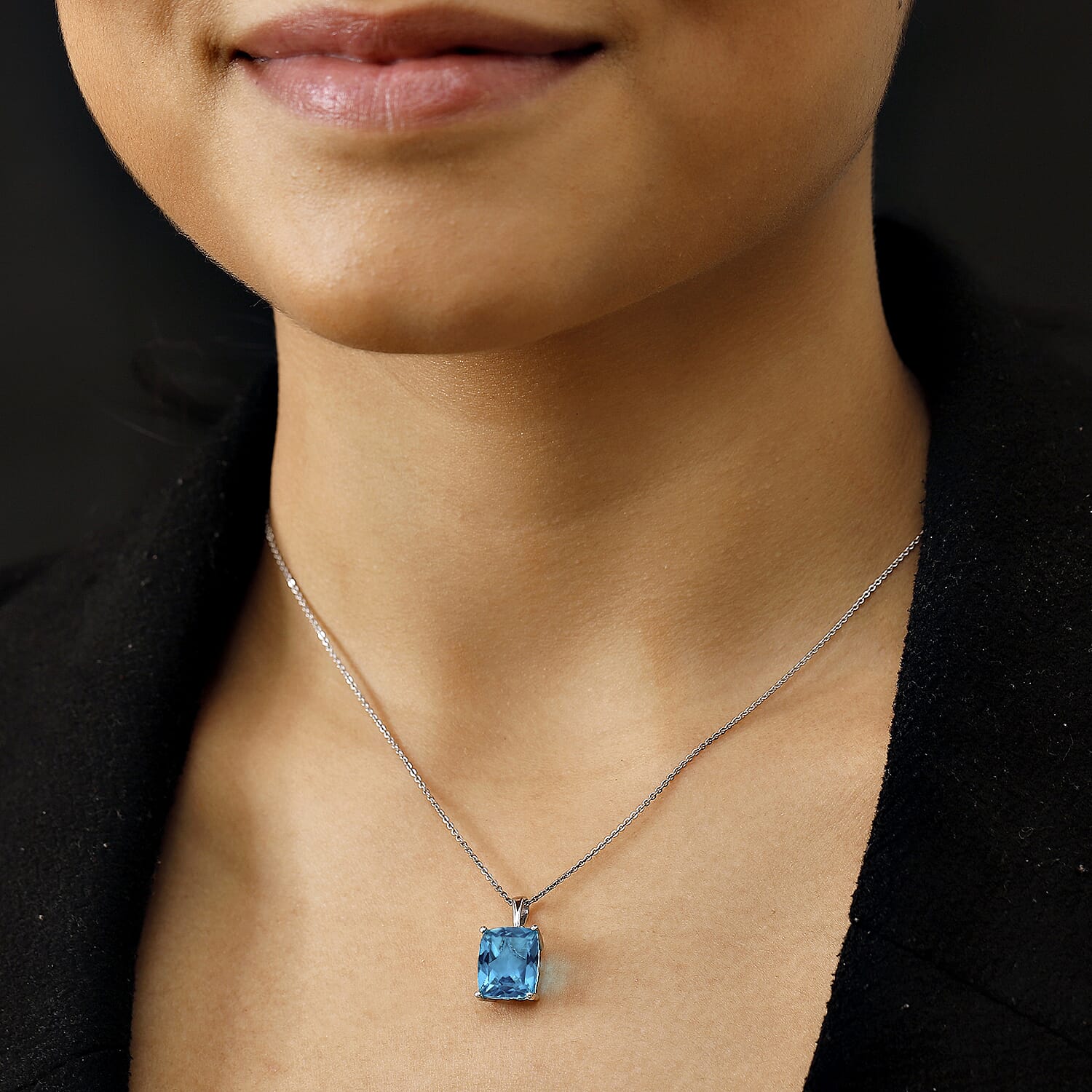 Capri Blue Quartz Pendant with Chain (Size 20) in Rhodium Overlay Sterling Silver 5.88 Ct.