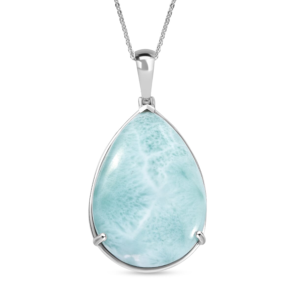 Natural Teal Green Larimar Pendant with Chain (Size - 20) in Rhodium Overlay Sterling Silver 57.75 Ct, Silver Wt. 8.40 Gms.