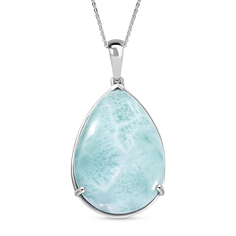 Natural Teal Green Larimar Pendant with Chain (Size - 20) in Rhodium Overlay Sterling Silver 57.75 Ct, Silver Wt. 8.40 Gms.