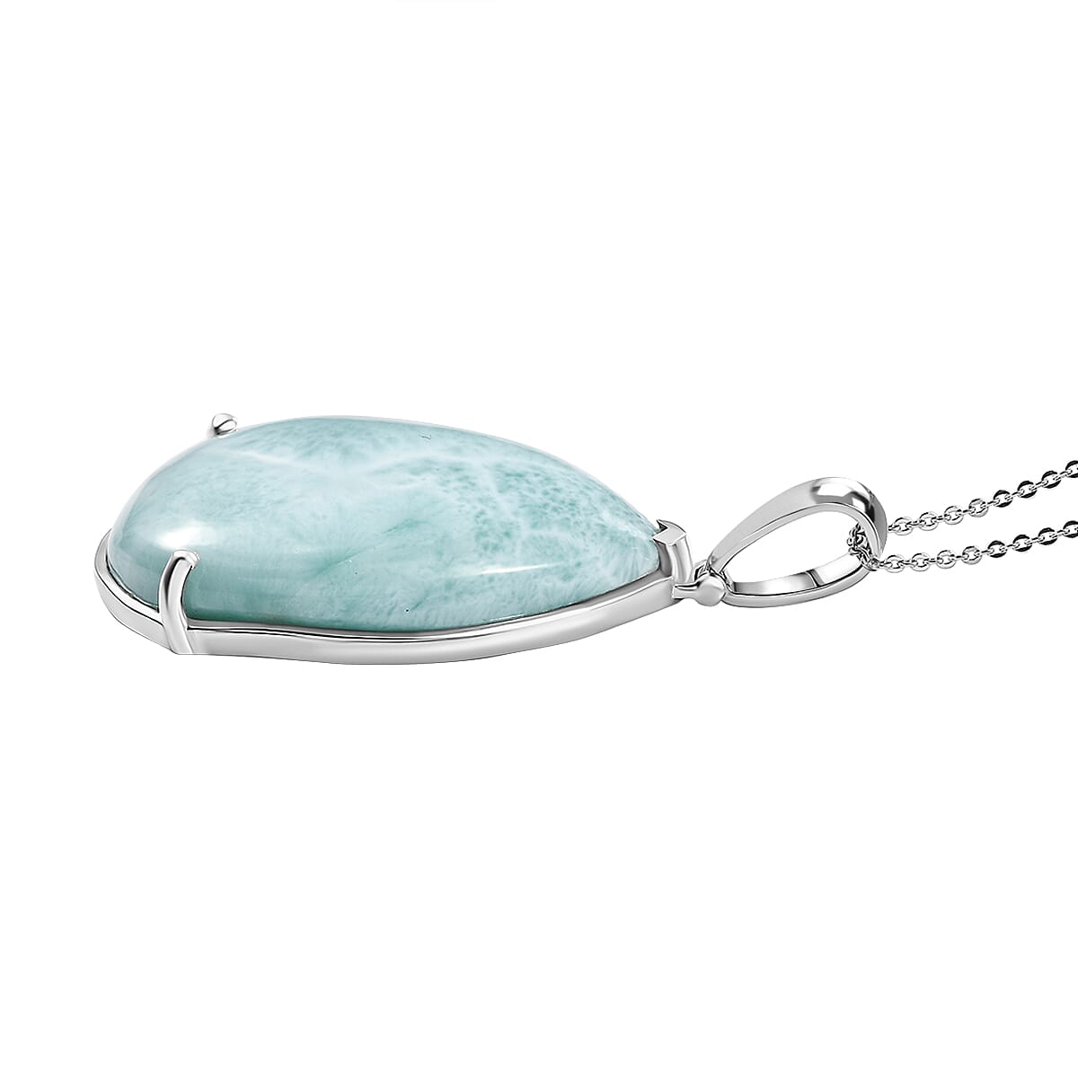 Natural Teal Green Larimar Pendant with Chain (Size - 20) in Rhodium Overlay Sterling Silver 57.75 Ct, Silver Wt. 8.40 Gms.