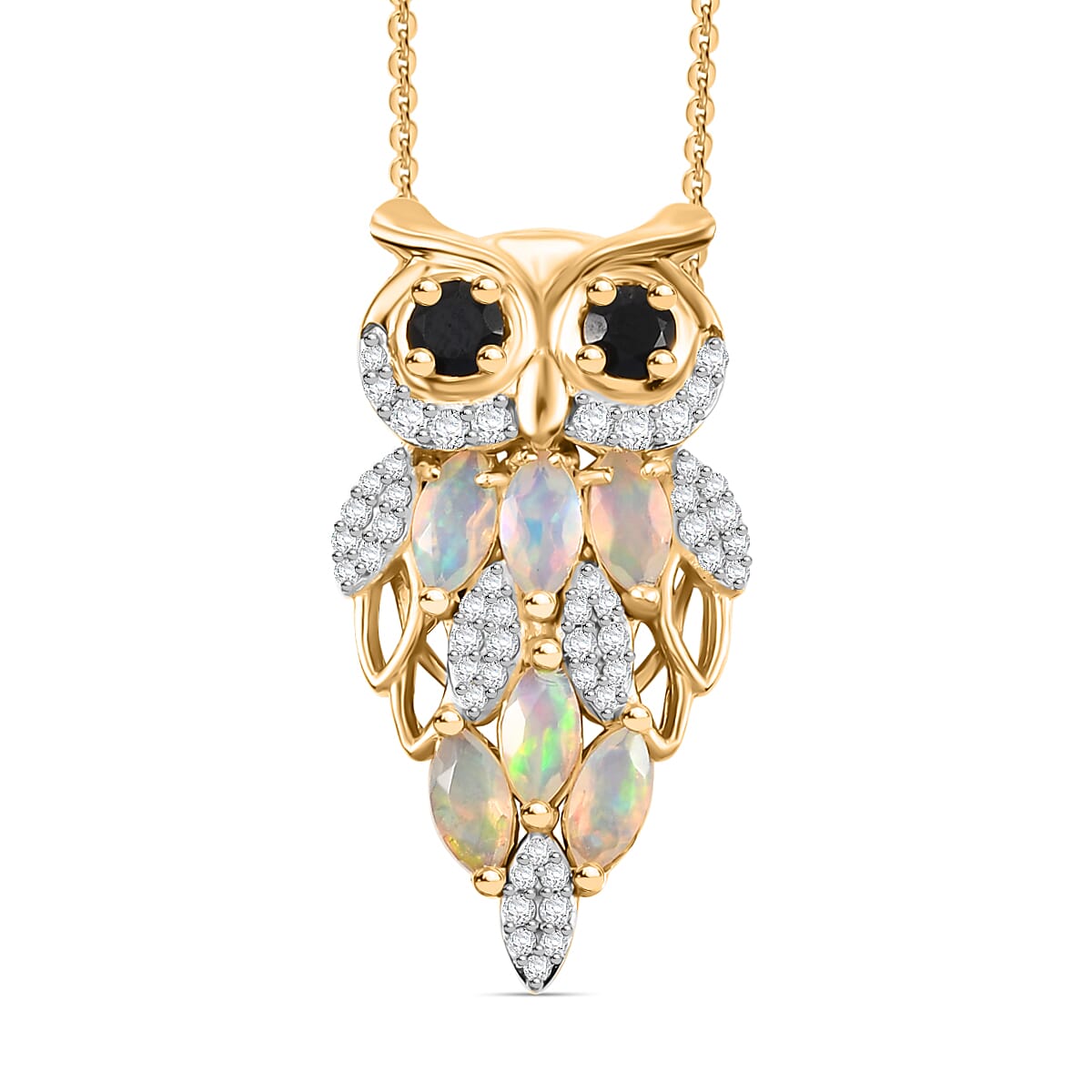 GP Italian Garden Collection - Ethiopian Opal, Black Spinel, White Zircon, Blue Sapphire Pendant with Chain (Size 20) in 18K Vermeil Yellow Gold Plated Sterling Silver 1.87 Ct.