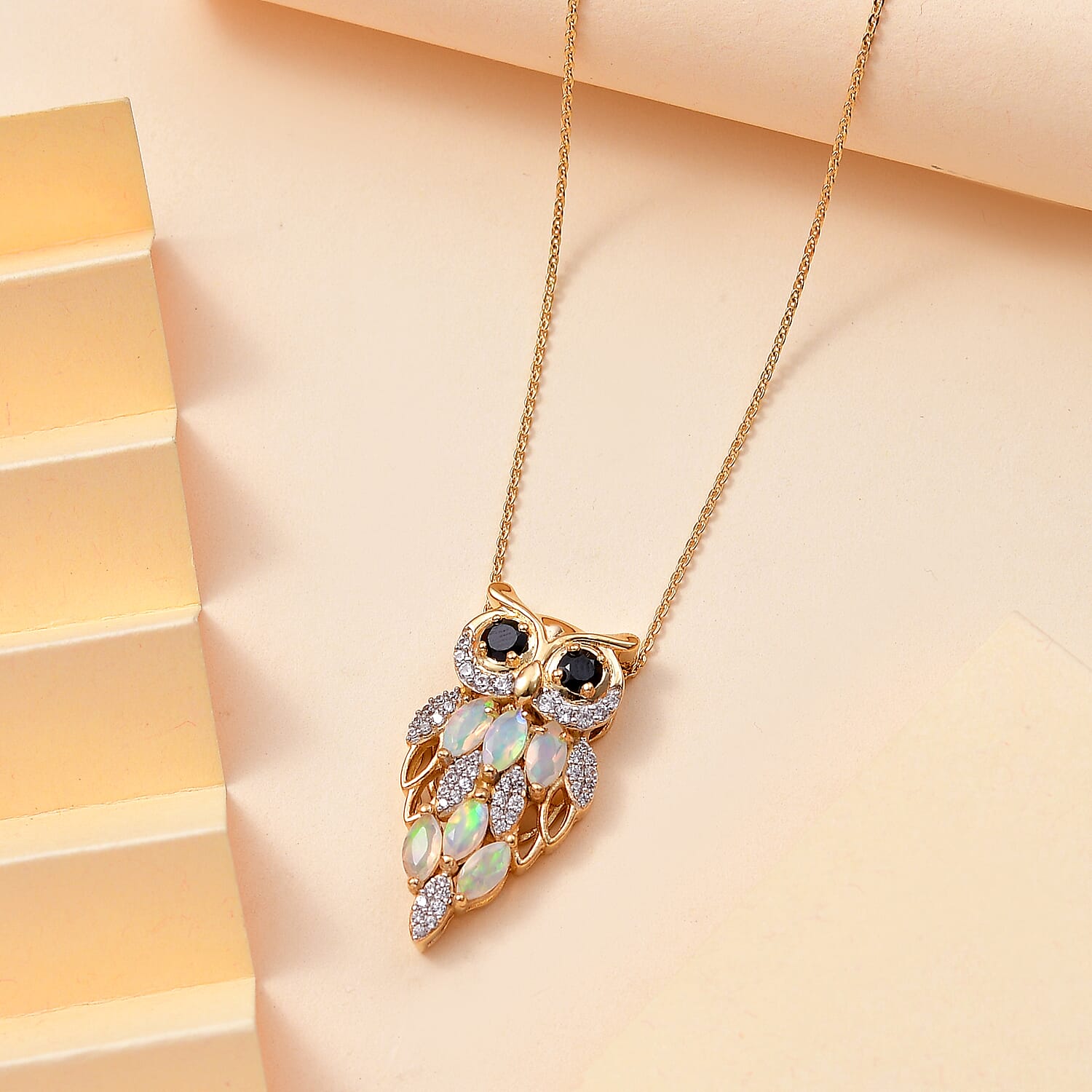 GP Italian Garden Collection - Ethiopian Opal, Black Spinel, White Zircon, Blue Sapphire Pendant with Chain (Size 20) in 18K Vermeil Yellow Gold Plated Sterling Silver 1.87 Ct.