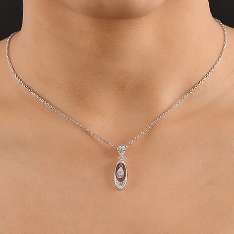 White Diamond Pendant with Chain (Size - 20) in Rhodium Overlay Sterling Silver 0.25 Ct