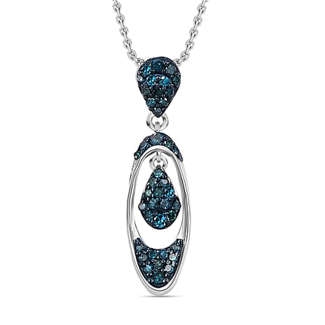 Blue Diamond Pendant with Chain (Size - 20) in Rhodium Overlay Sterling Silver 0.25 Ct.