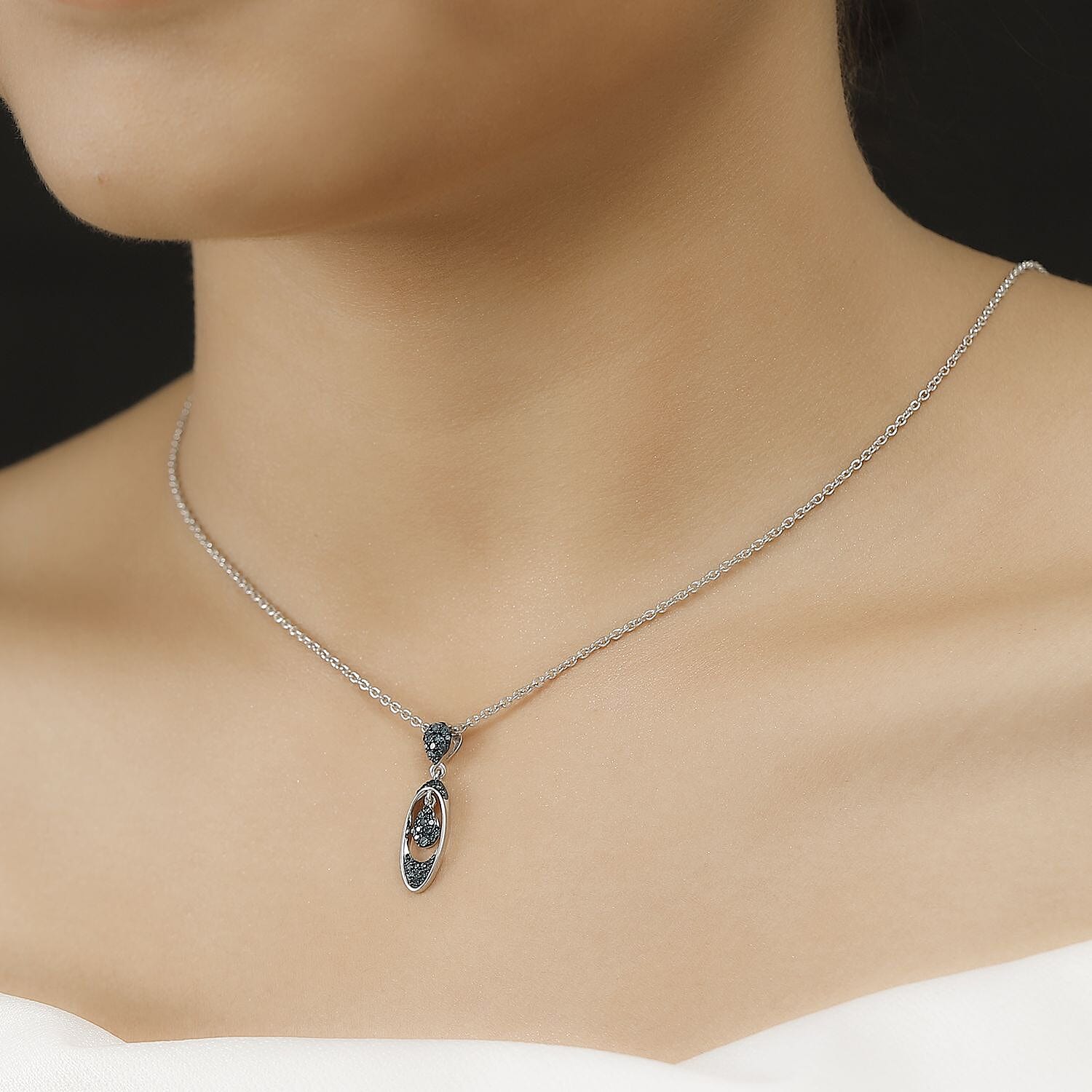 Blue Diamond Pendant with Chain (Size - 20) in Rhodium Overlay Sterling Silver 0.25 Ct.