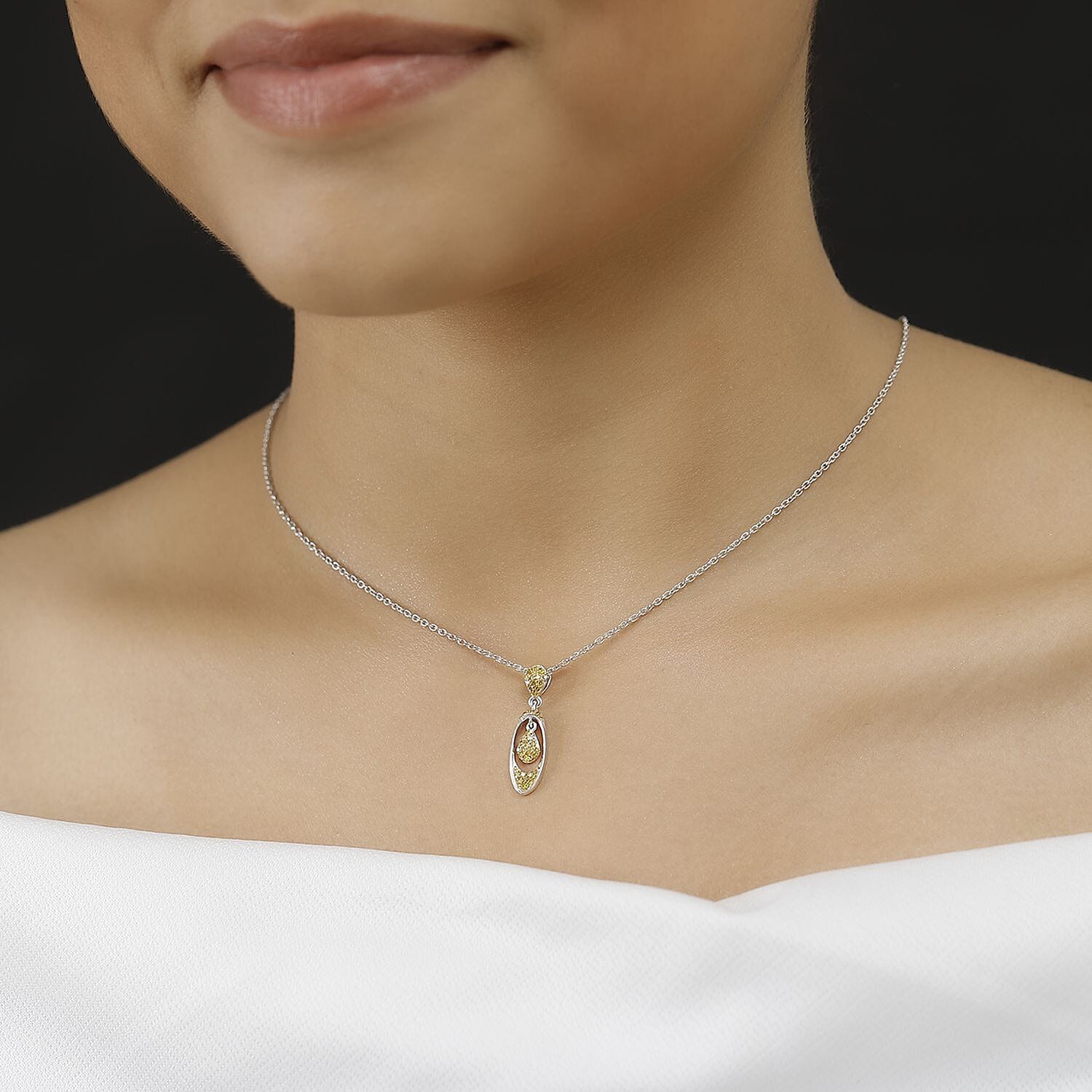 Yellow Diamond Pendant with Chain (Size 20) in Rhodium Overlay Sterling Silver 0.25 Ct.