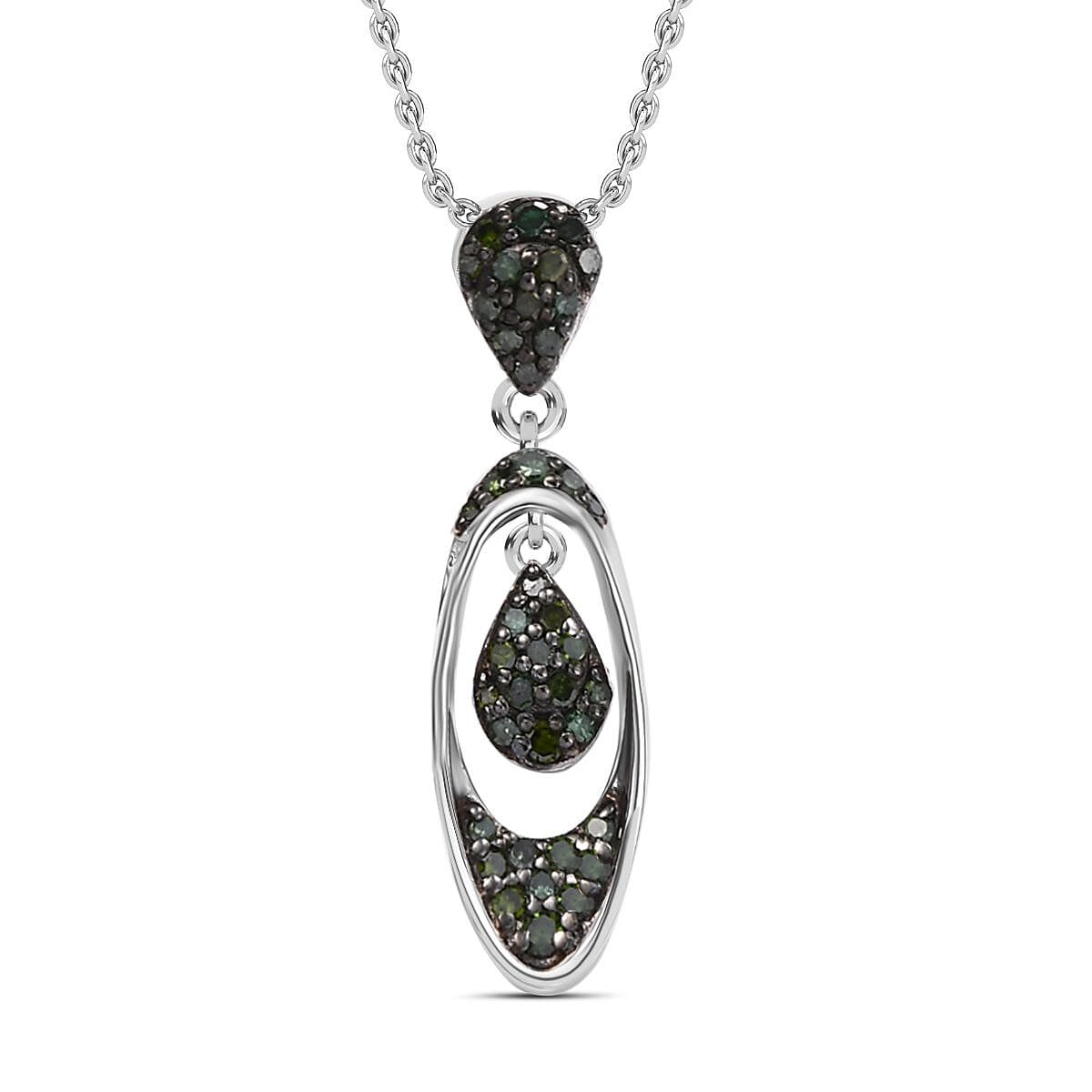 Green Diamond Pendant with Chain (Size - 20) in Rhodium Overlay Sterling Silver 0.25 Ct