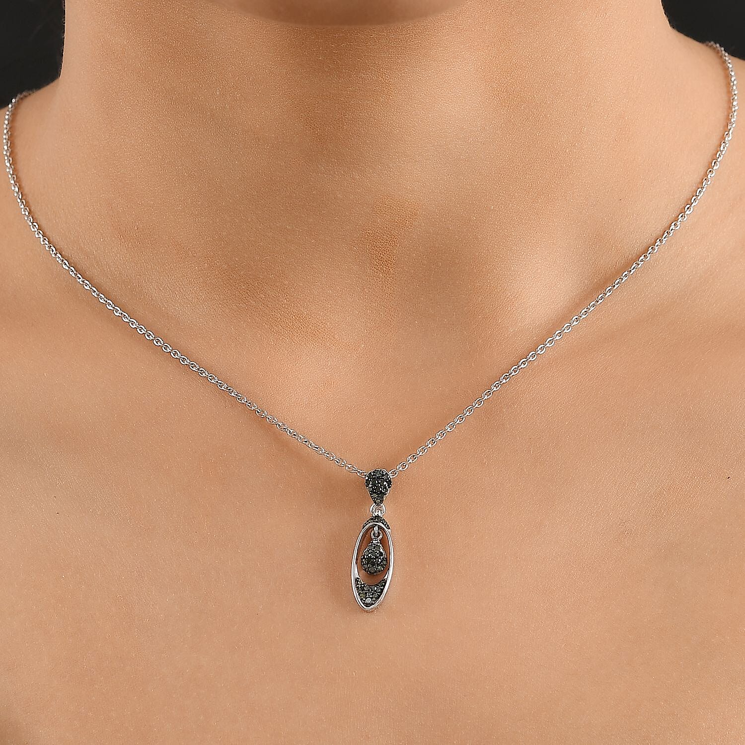 Green Diamond Pendant with Chain (Size - 20) in Rhodium Overlay Sterling Silver 0.25 Ct