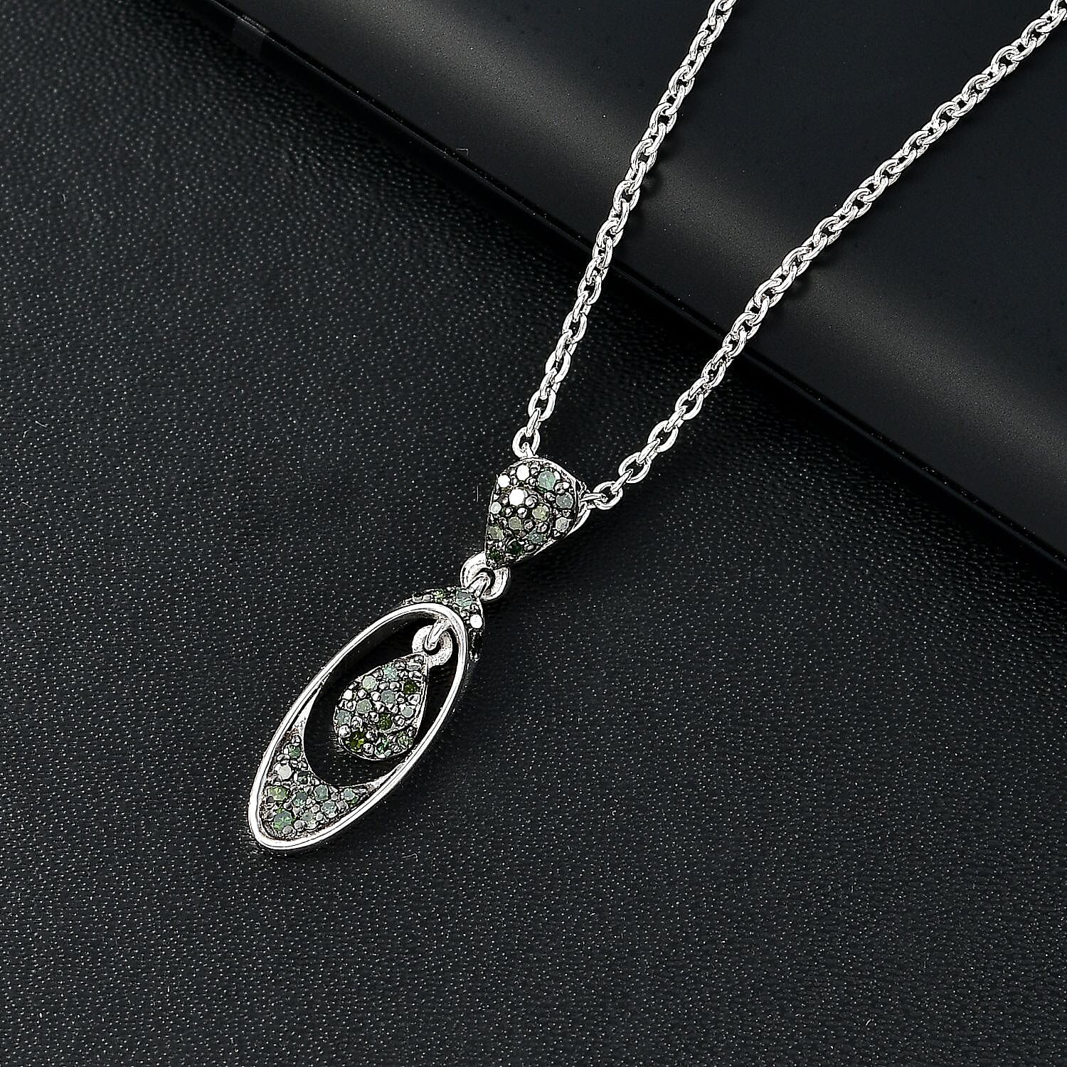 Green Diamond Pendant with Chain (Size - 20) in Rhodium Overlay Sterling Silver 0.25 Ct