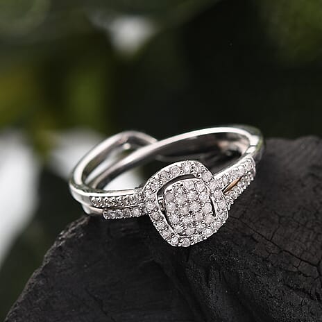 Set of 2 - White Diamond Band Ring in Rhodium Overlay Sterling Silver