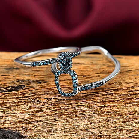 Set of 2 - Blue Diamond Band Ring in Rhodium Overlay Sterling Silver