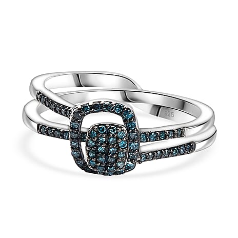 Set of 2 - Blue Diamond Band Ring in Rhodium Overlay Sterling Silver