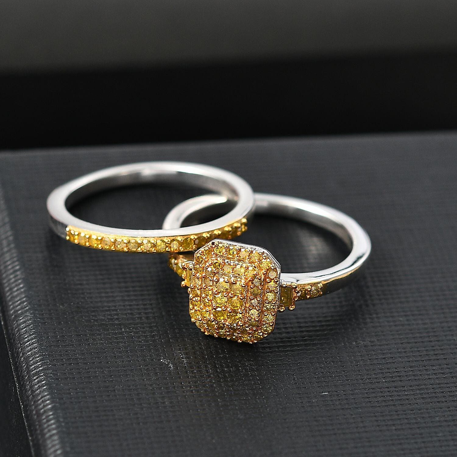 Set of 2 Diamond Stackable Ring in Rhodium Overlay Sterling Silver