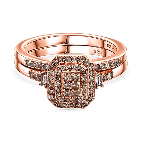 Set of 2 - Champagne Diamond Stackable Ring in 18K Vermeil Rose Gold Plated Sterling 0.51 Ct.