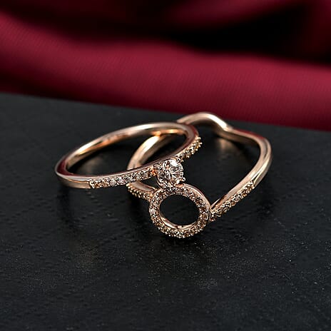 Set of 2 - Champagne Diamond Ring in 18K Vermeil Rose Gold Plated Sterling Silver
