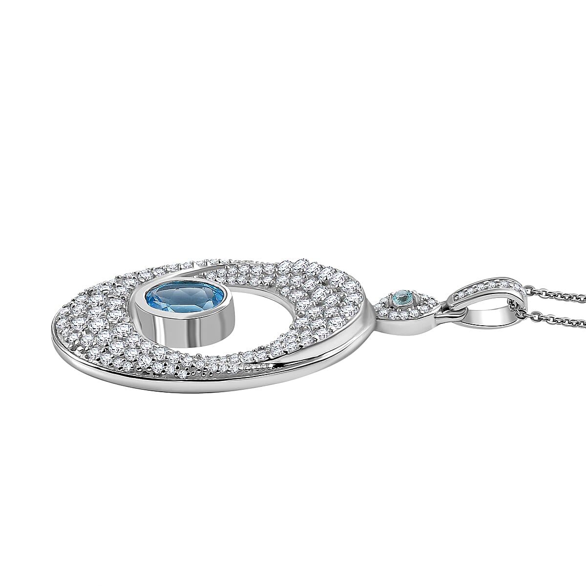 GP Celestial Collection - Swiss Blue Topaz, White Zircon, Blue Apatite & Blue Sapphire Pendant with Chain (Size 20) in Rhodium Overlay Sterling Silver 4.44 Ct.