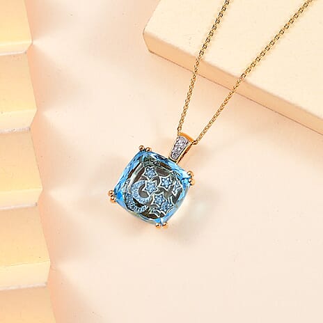 GP Celestial Collection - Skyblue Topaz, White Zircon, & Blue Sapphire Pendant with Chain (Size 20) in 18K Vermeil Yellow Gold Plated Sterling Silver 8.91 Ct, Silver Wt. 6.41 Gms.