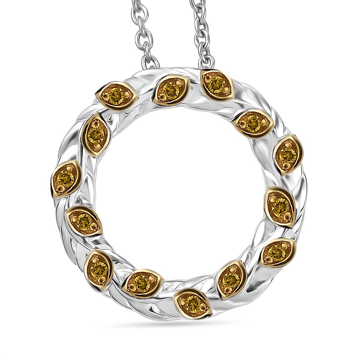 Yellow Diamond Pendant with Chain (Size - 20) in Rhodium Overlay Sterling Silver, Silver Wt. 9.60 Gms