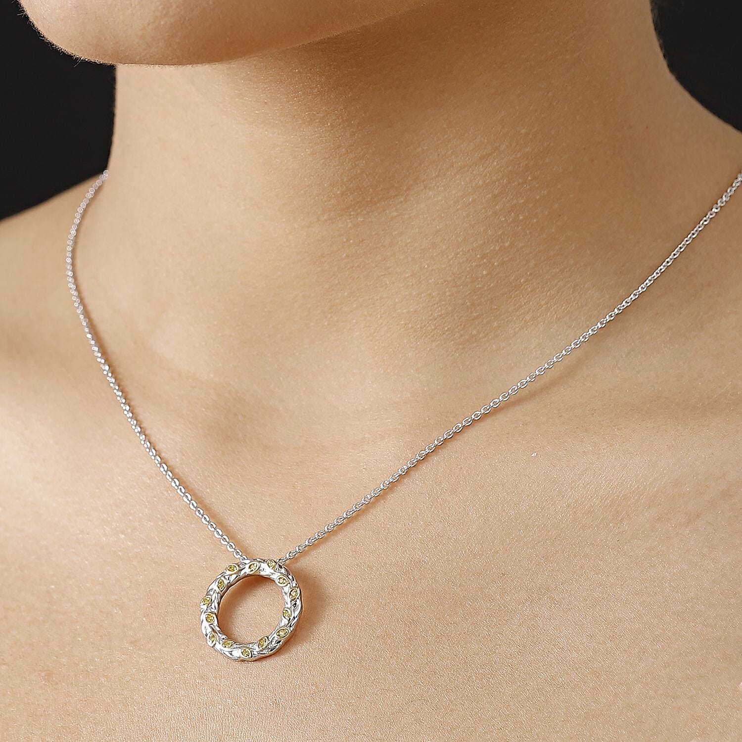 Yellow Diamond Pendant with Chain (Size - 20) in Rhodium Overlay Sterling Silver, Silver Wt. 9.60 Gms