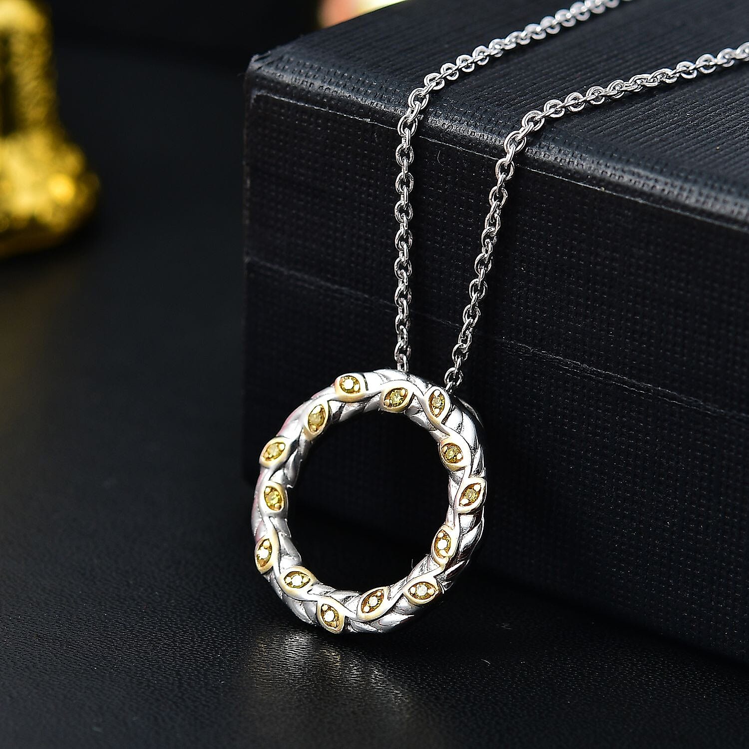 Yellow Diamond Pendant with Chain (Size - 20) in Rhodium Overlay Sterling Silver, Silver Wt. 9.60 Gms