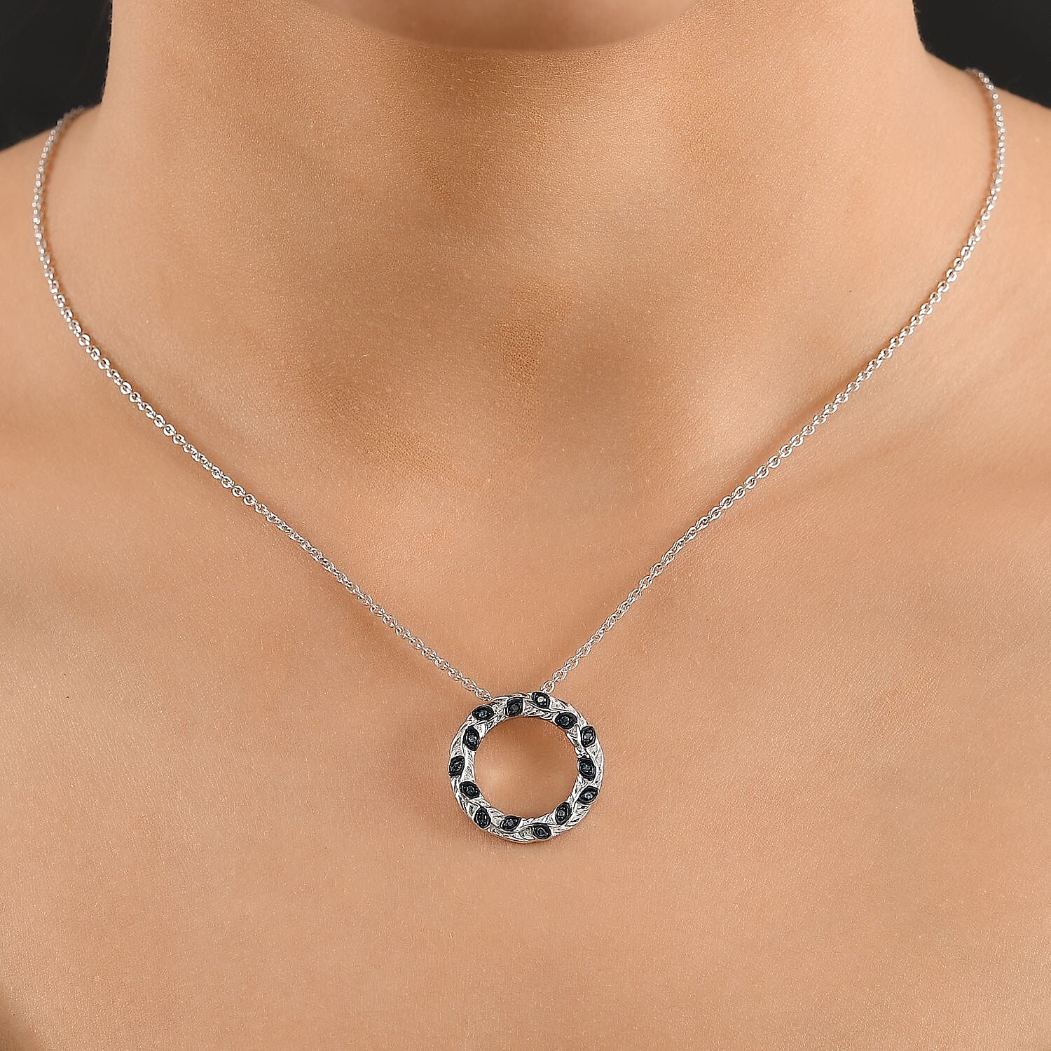 Green Diamond Pendant with Chain (Size - 20) in Rhodium Overlay Sterling Silver, Silver Wt. 5.64 Gms