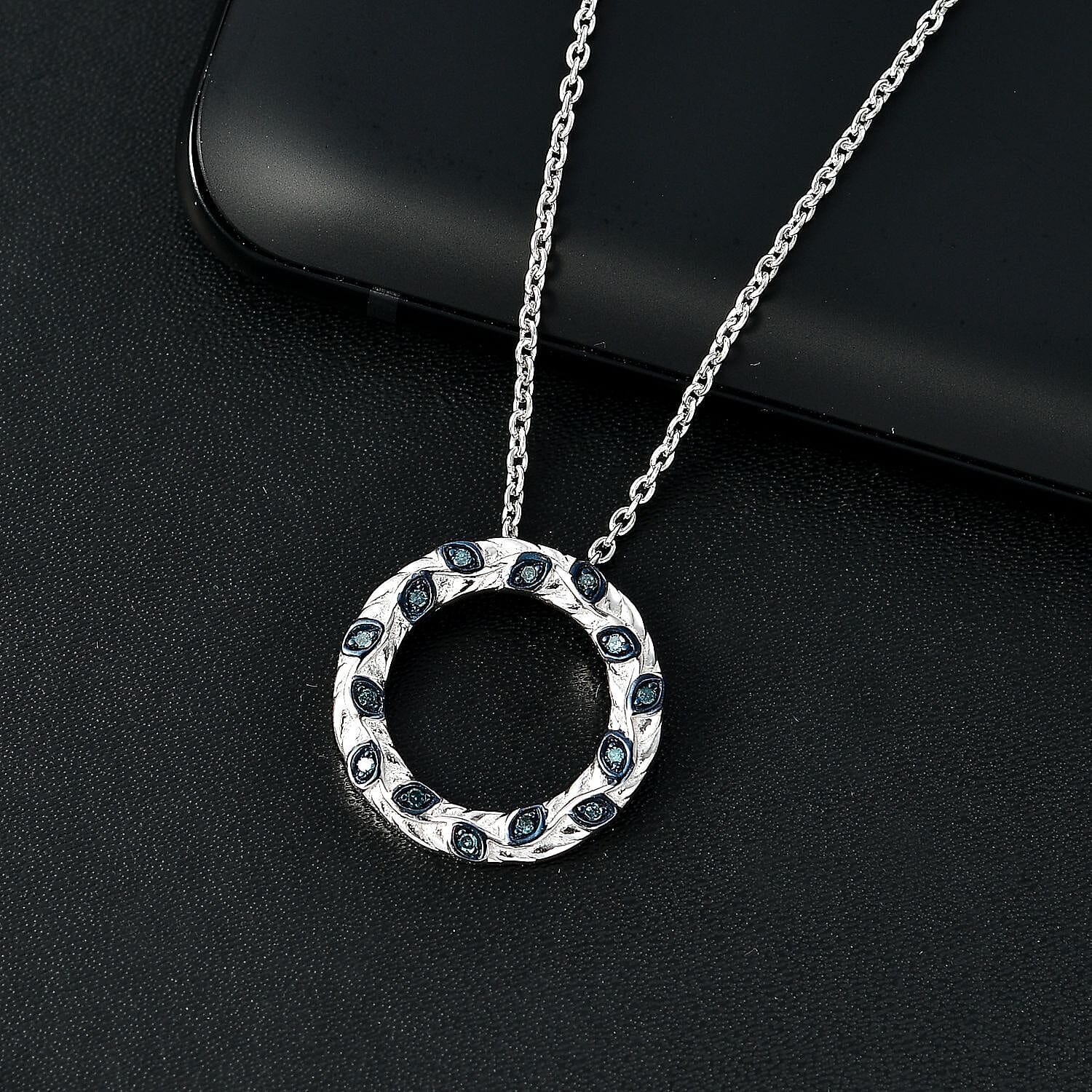 Green Diamond Pendant with Chain (Size - 20) in Rhodium Overlay Sterling Silver, Silver Wt. 5.64 Gms