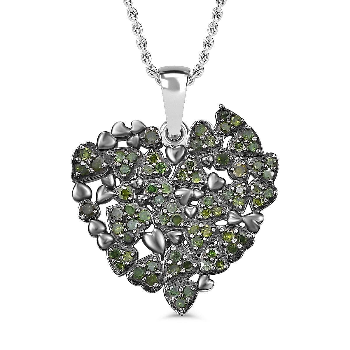 Green Diamond Pendant with Chain (Size - 20) in Rhodium Overlay  Sterling Silver 0.50 Ct.