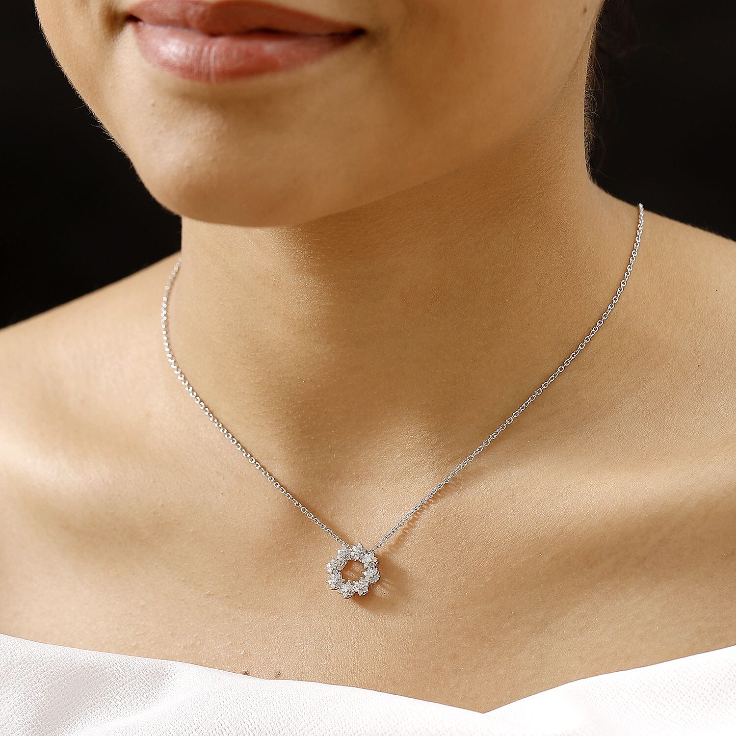 White Diamond Pendant with Chain (Size - 20) in Rhodium Overlay Sterling Silver 0.50 Ct.