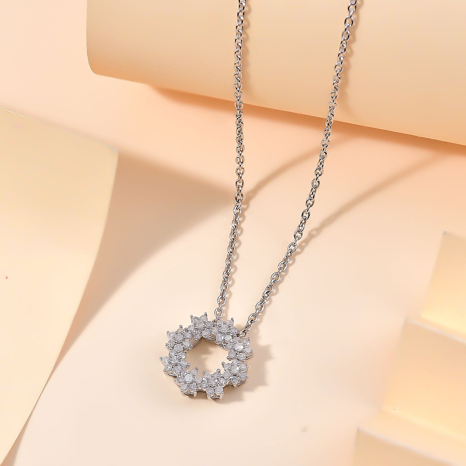 White Diamond Pendant with Chain (Size - 20) in Rhodium Overlay Sterling Silver 0.50 Ct.