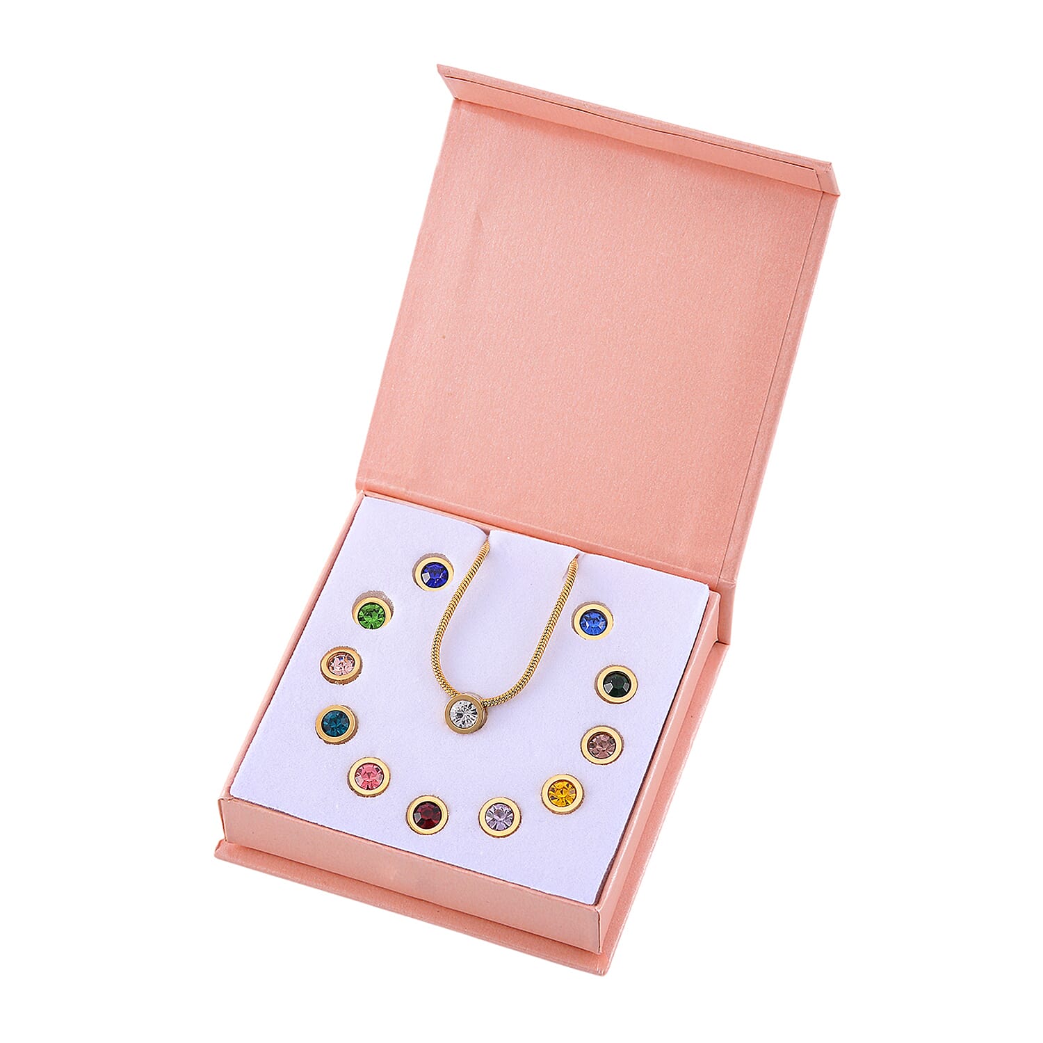 12 Piece Set - Blue & Multi Color Crystal Pendant with Chain (Size - 18-2 Ext) in Yellow Gold Tone