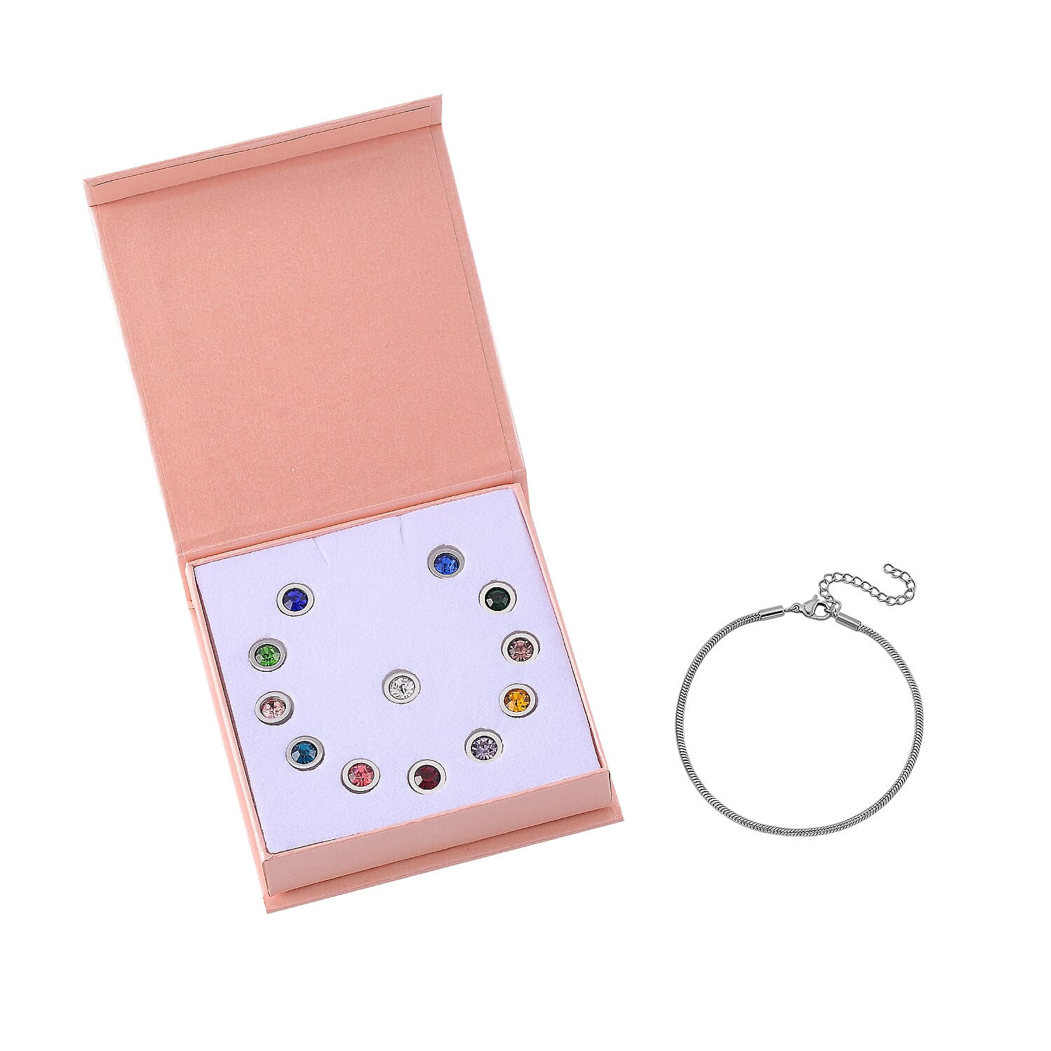 12 Piece Set - Golden & Multi Color Crystal Charms with Bracelet (Size - 7.5-2 Ext) in White Tone 12 Piece Set - Golden & Multi Color Crystal Charms with Bracelet (Size - 7.5-2 Ext) in White Tone