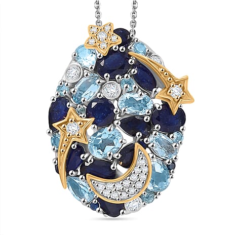 GP Star Moon Celestial Collection - Skyblue Topaz, Blue Sapphire, White Zircon, Blue Apatite Pendant with Chain (Size 20) in 18K Vermeil Yellow Gold & Rhodium Overlay Sterling Silver 6.69 Ct.