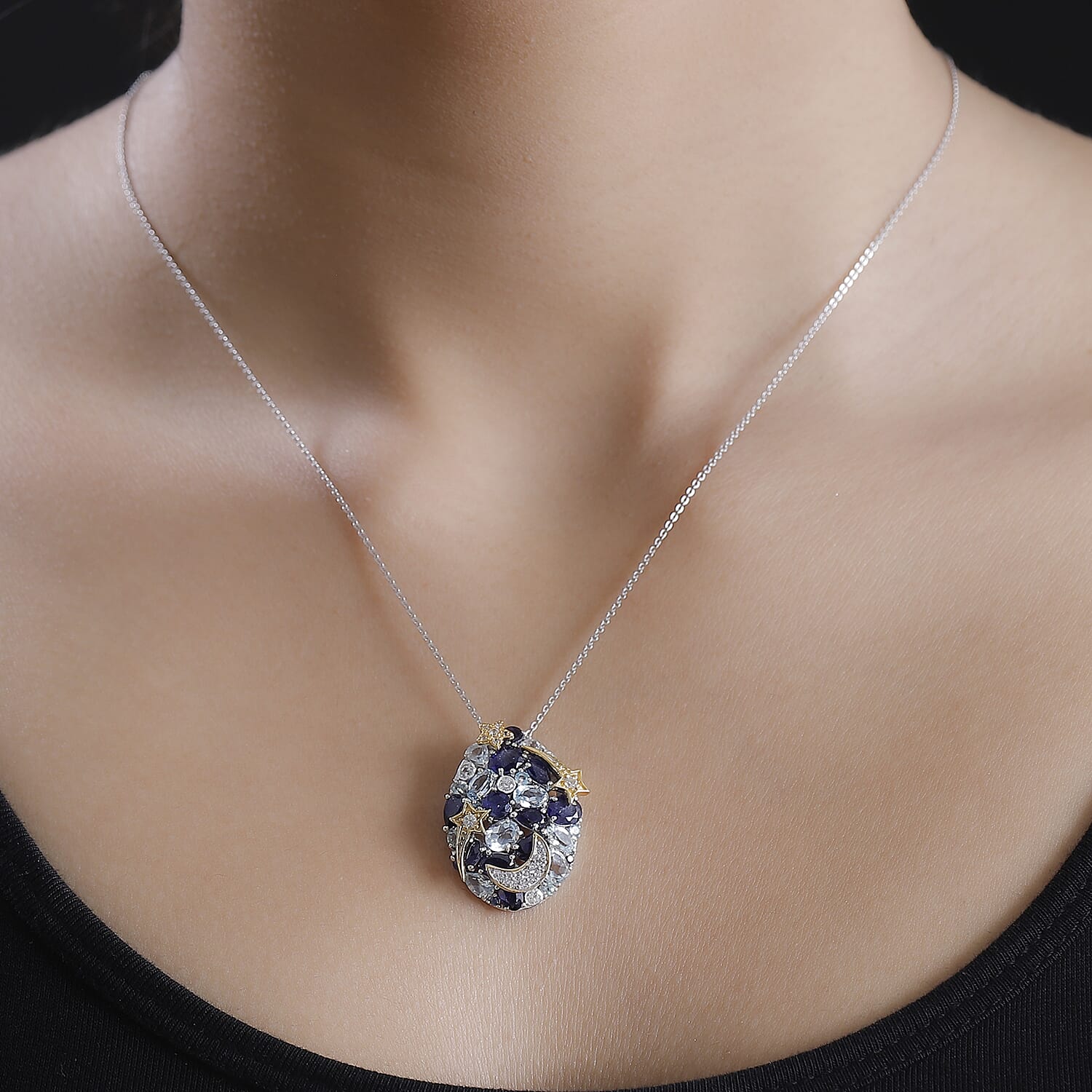 GP Star Moon Celestial Collection - Skyblue Topaz, Blue Sapphire, White Zircon, Blue Apatite Pendant with Chain (Size 20) in 18K Vermeil Yellow Gold & Rhodium Overlay Sterling Silver 6.69 Ct.