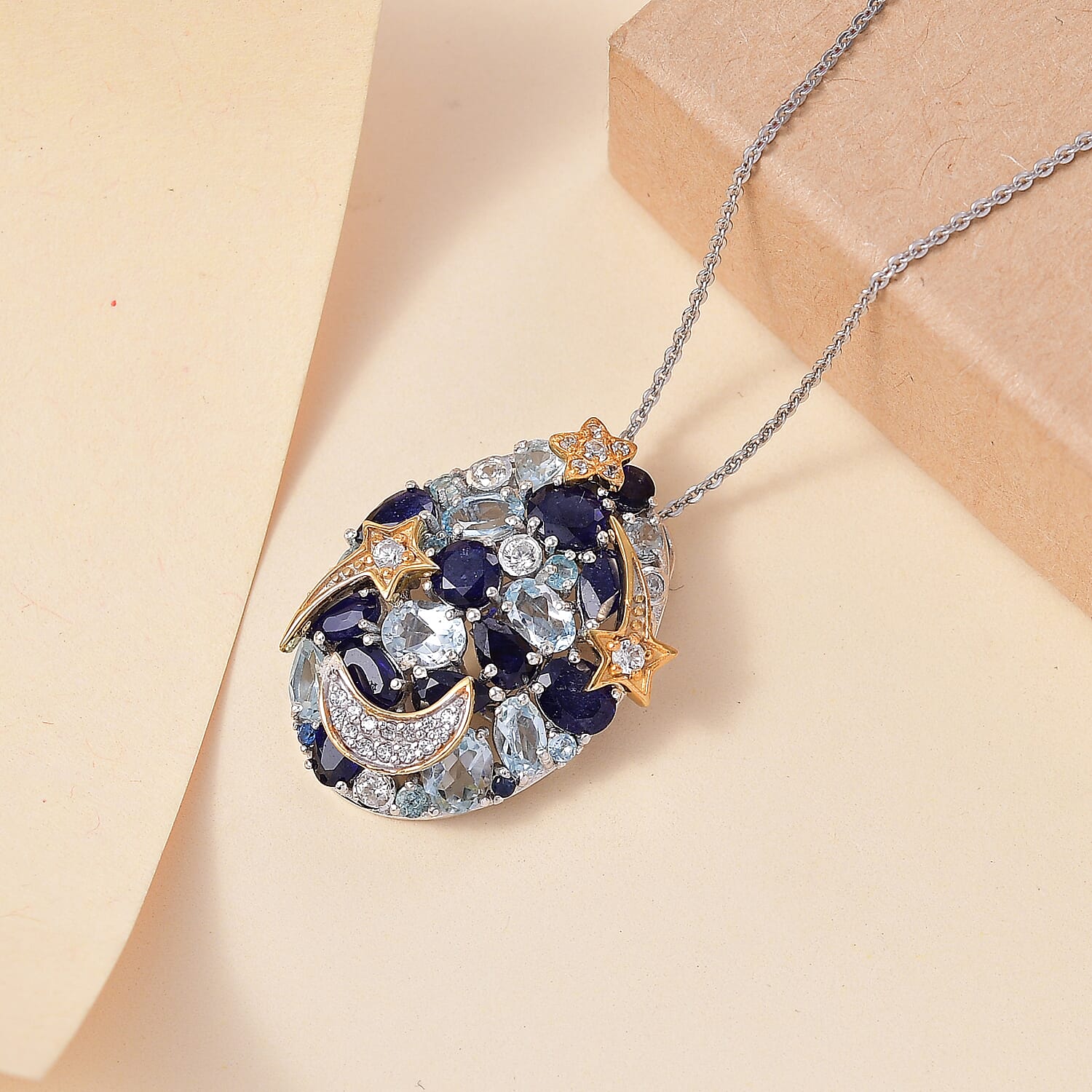GP Star Moon Celestial Collection - Skyblue Topaz, Blue Sapphire, White Zircon, Blue Apatite Pendant with Chain (Size 20) in 18K Vermeil Yellow Gold & Rhodium Overlay Sterling Silver 6.69 Ct.
