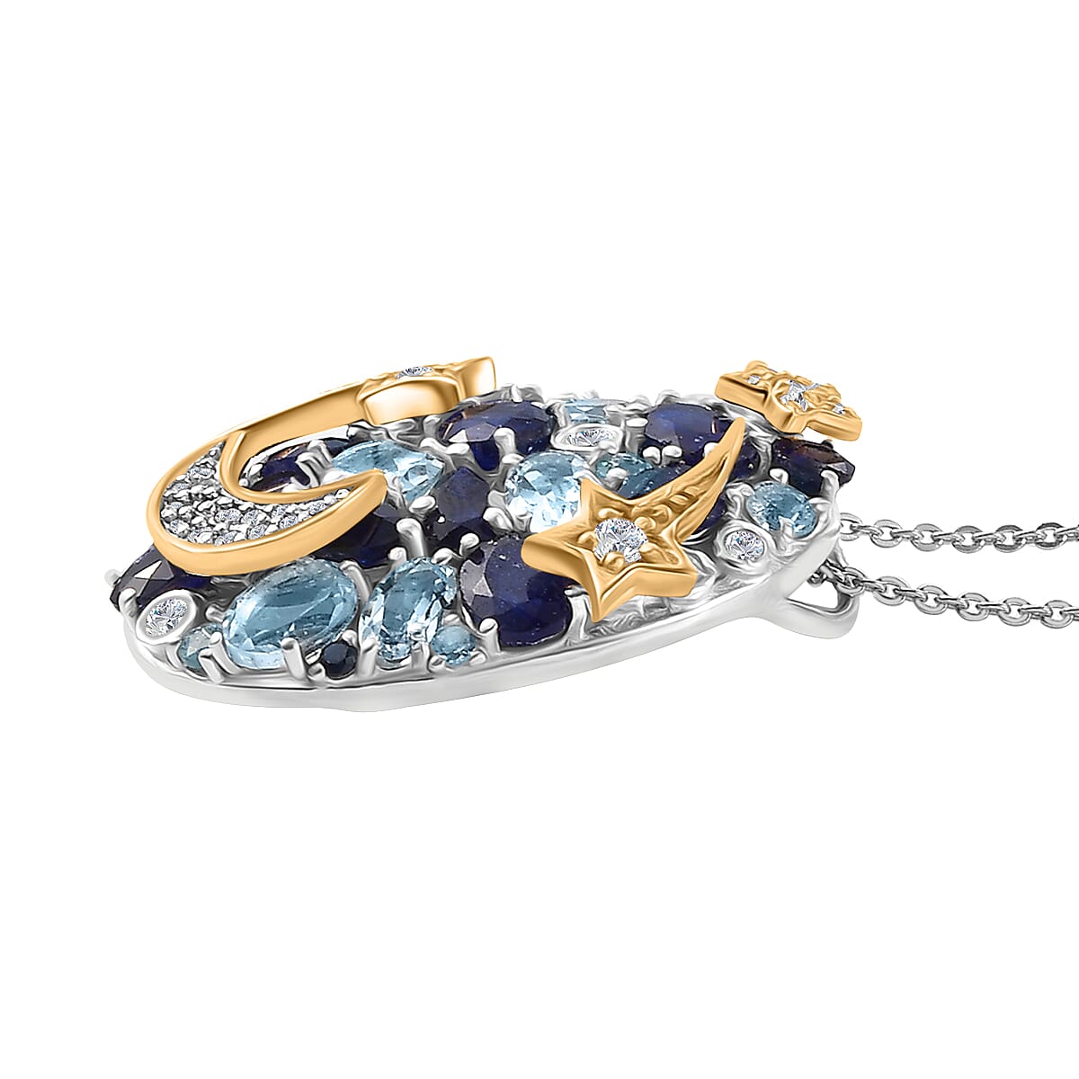 GP Star Moon Celestial Collection - Skyblue Topaz, Blue Sapphire, White Zircon, Blue Apatite Pendant with Chain (Size 20) in 18K Vermeil Yellow Gold & Rhodium Overlay Sterling Silver 6.69 Ct.