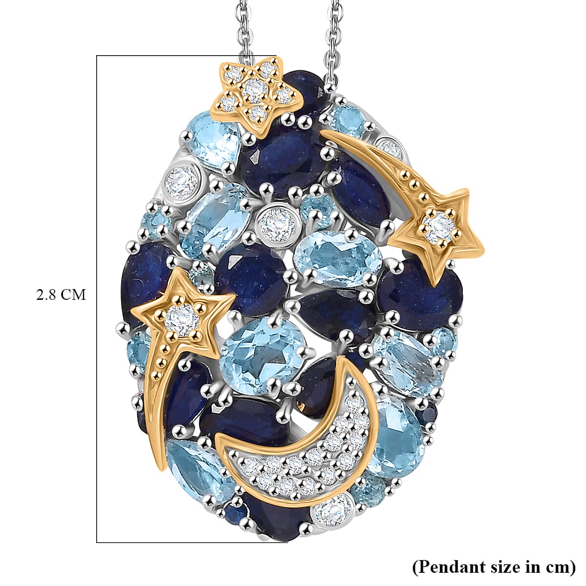 GP Star Moon Celestial Collection - Skyblue Topaz, Blue Sapphire, White Zircon, Blue Apatite Pendant with Chain (Size 20) in 18K Vermeil Yellow Gold & Rhodium Overlay Sterling Silver 6.69 Ct.