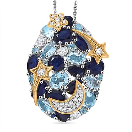 GP Star Moon Celestial Collection - Skyblue Topaz, White Zircon, Blue Apatite Pendant with Chain (Size 20) in Rhodium and 18K Vermeil Yellow Gold Plated Sterling Silver