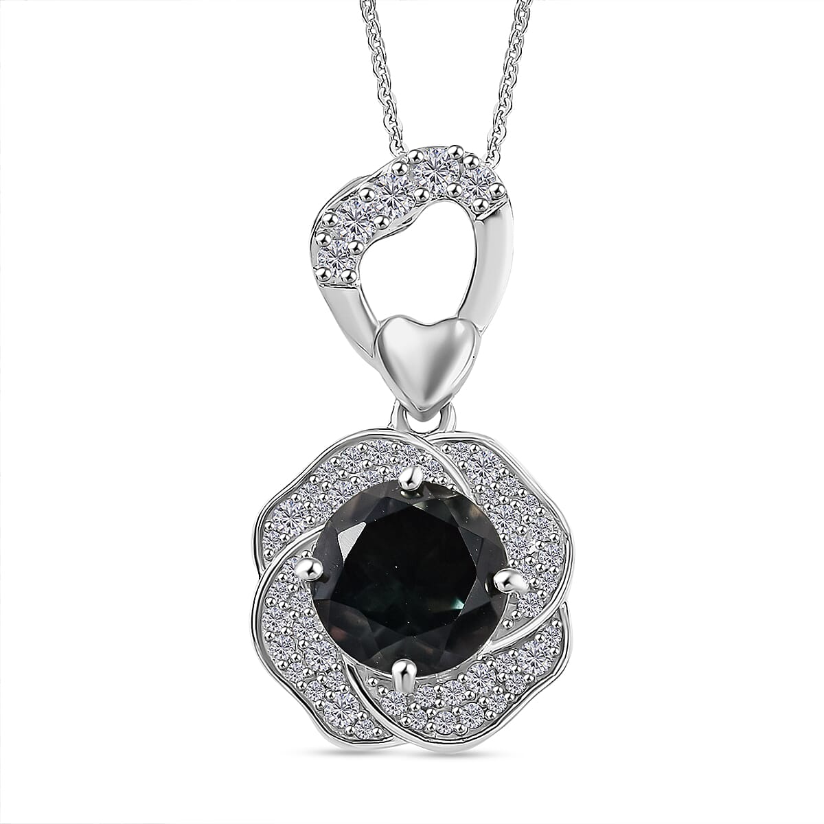 Alexandrite Triplet Quartz & White Zircon Pendant with Chain (Size 20) in Rhodium Overlay Sterling Silver 3.59 Ct.