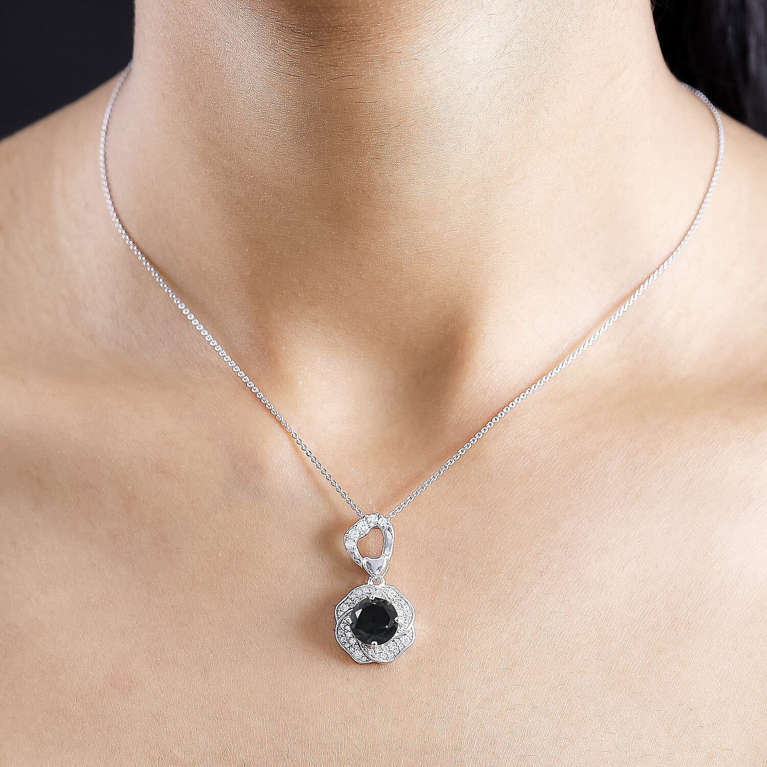 Alexandrite Triplet Quartz & White Zircon Pendant with Chain (Size 20) in Rhodium Overlay Sterling Silver 3.59 Ct.