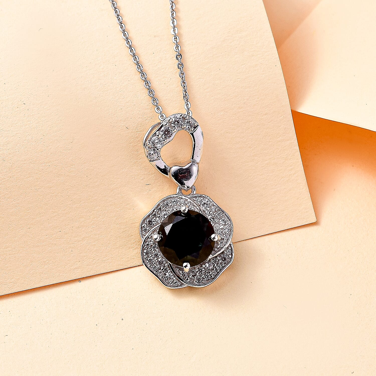 Alexandrite Triplet Quartz & White Zircon Pendant with Chain (Size 20) in Rhodium Overlay Sterling Silver 3.59 Ct.