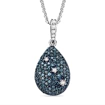 Blue Diamond & White Diamond Pendant with Chain (Size - 20) in Rhodium Overlay Sterling Silver 0.56 Ct.
