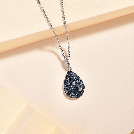Blue Diamond & White Diamond Pendant with Chain (Size - 20) in Rhodium Overlay Sterling Silver 0.56 Ct.