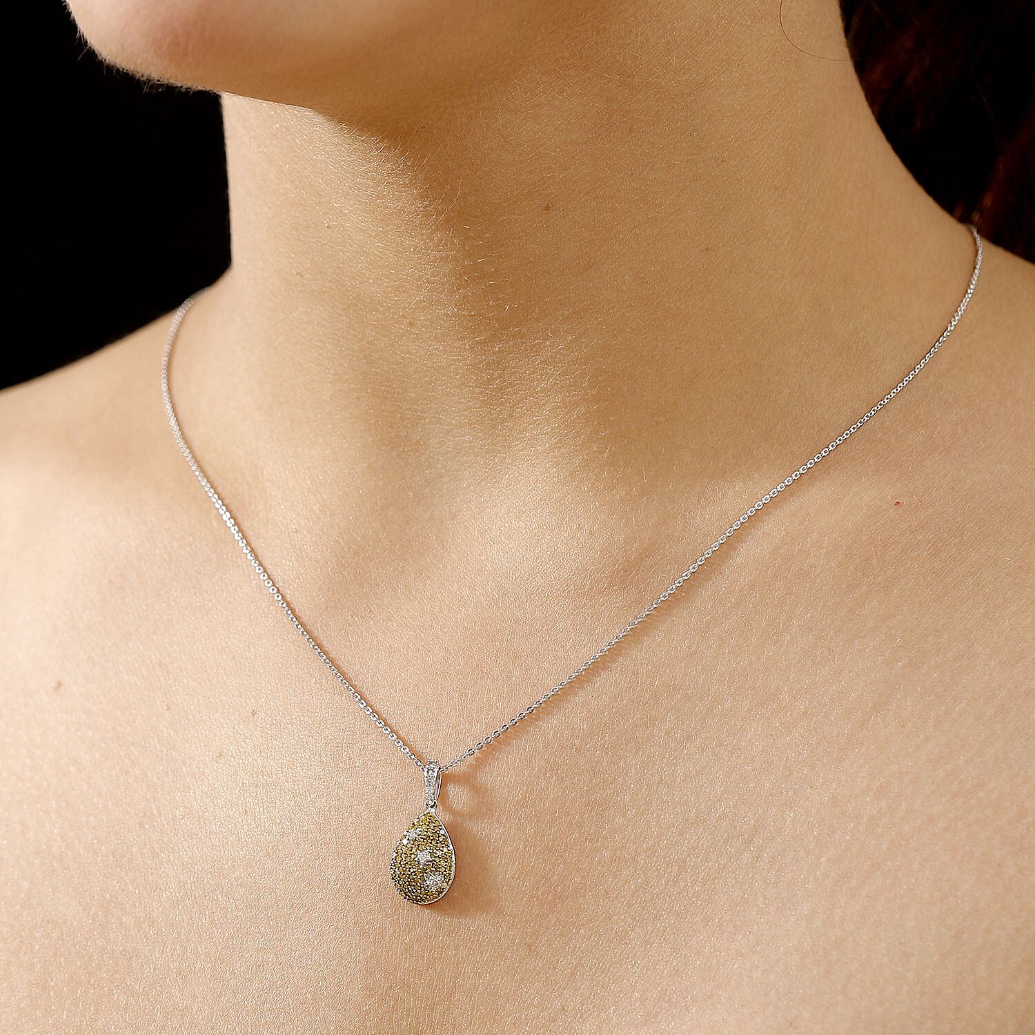 Yellow Diamond & White Diamond Pendant with Chain (Size - 20) in Rhodium Overlay Sterling Silver 0.50 Ct, Silver Wt. 7.35 Gms.