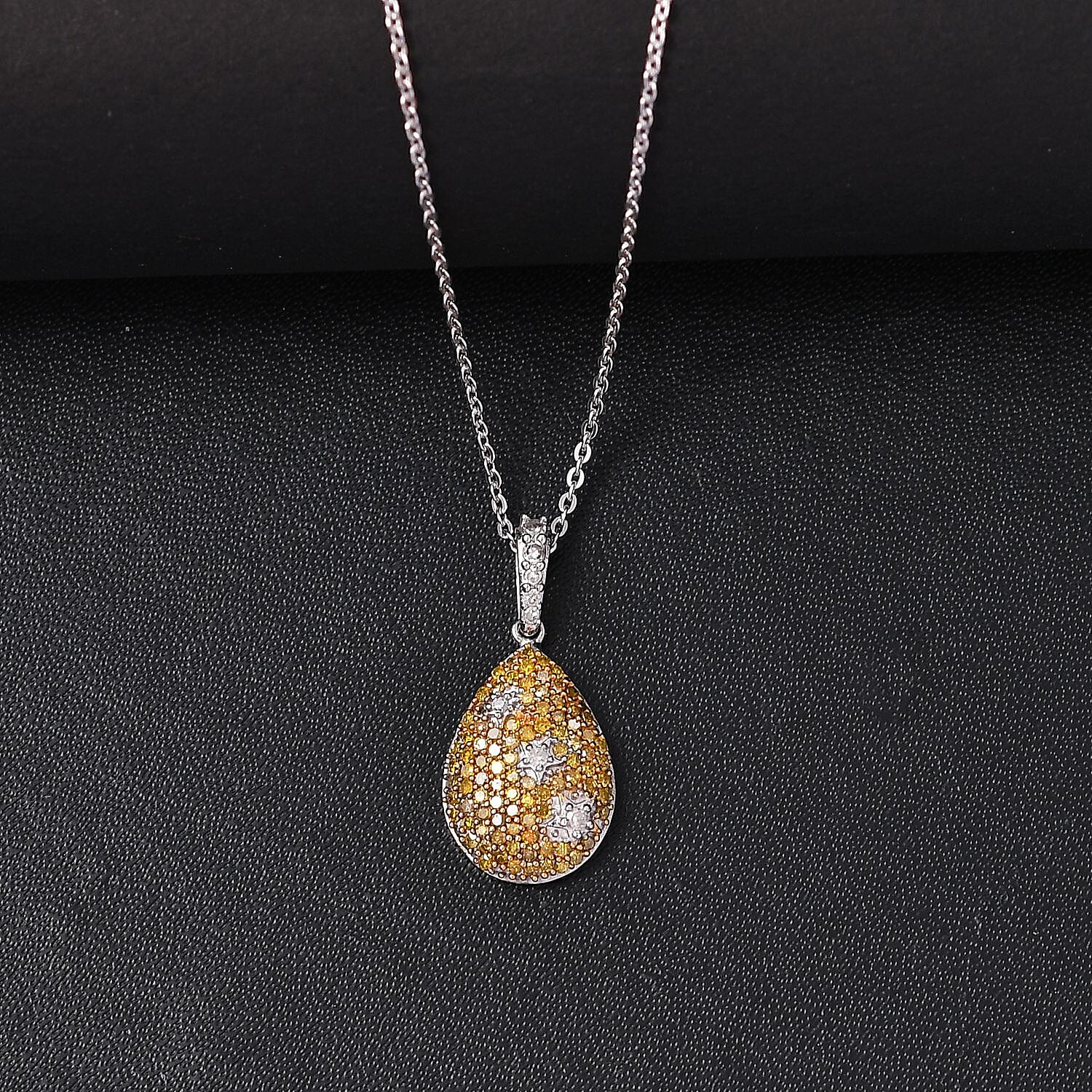 Yellow Diamond & White Diamond Pendant with Chain (Size - 20) in Rhodium Overlay Sterling Silver 0.50 Ct, Silver Wt. 7.35 Gms.