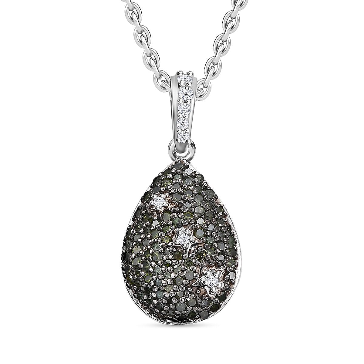Green Diamond & White Diamond Pendant with Chain (Size - 20) in Rhodium Overlay Sterling Silver 0.53 Ct.