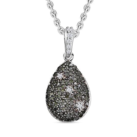 Green Diamond & White Diamond Pendant with Chain (Size - 20) in Rhodium Overlay Sterling Silver 0.53 Ct.