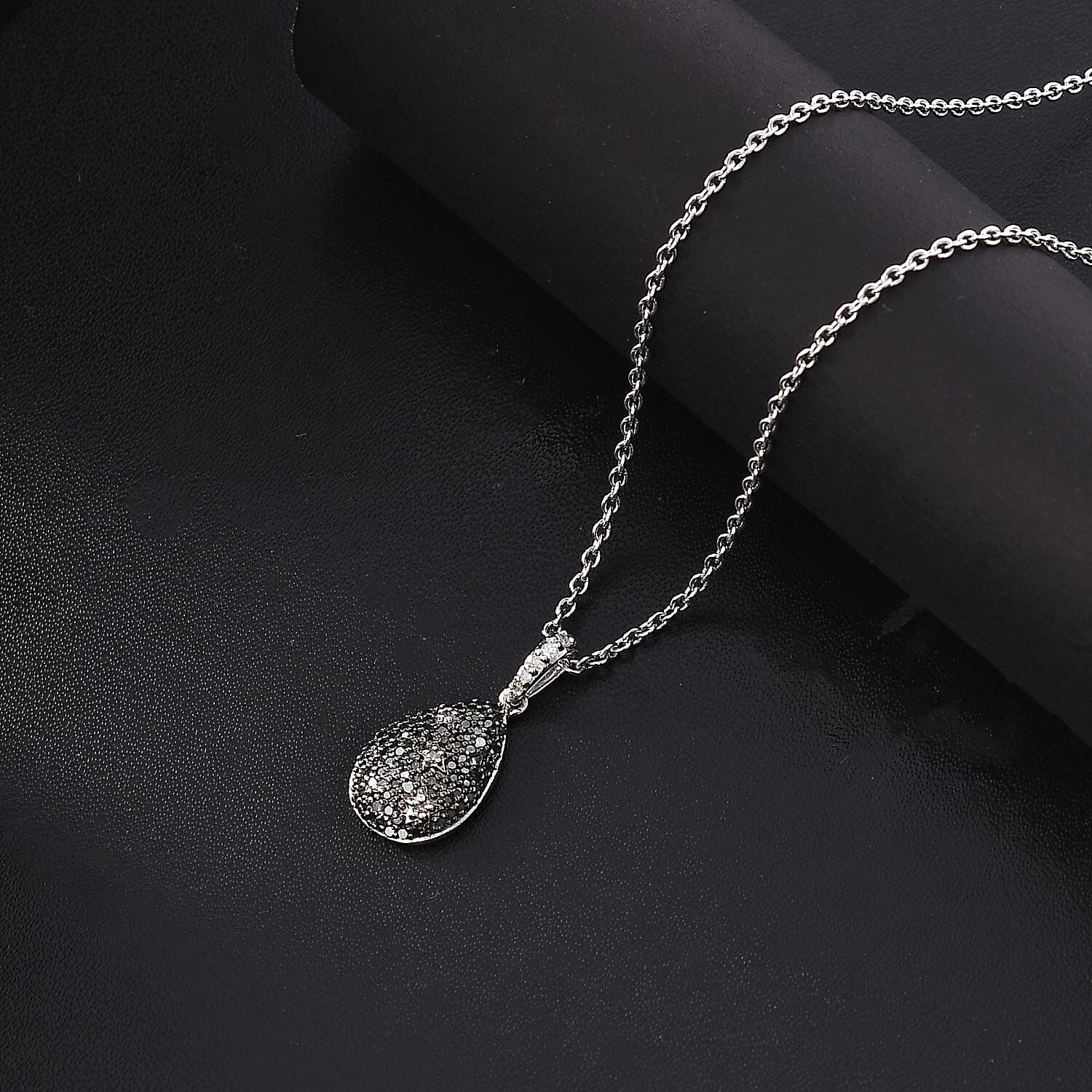 Green Diamond & White Diamond Pendant with Chain (Size - 20) in Rhodium Overlay Sterling Silver 0.53 Ct.