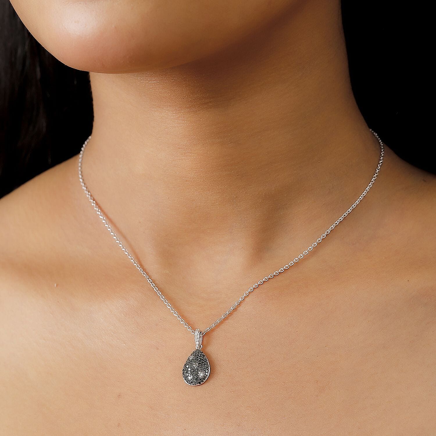 Green Diamond & White Diamond Pendant with Chain (Size - 20) in Rhodium Overlay Sterling Silver 0.53 Ct.